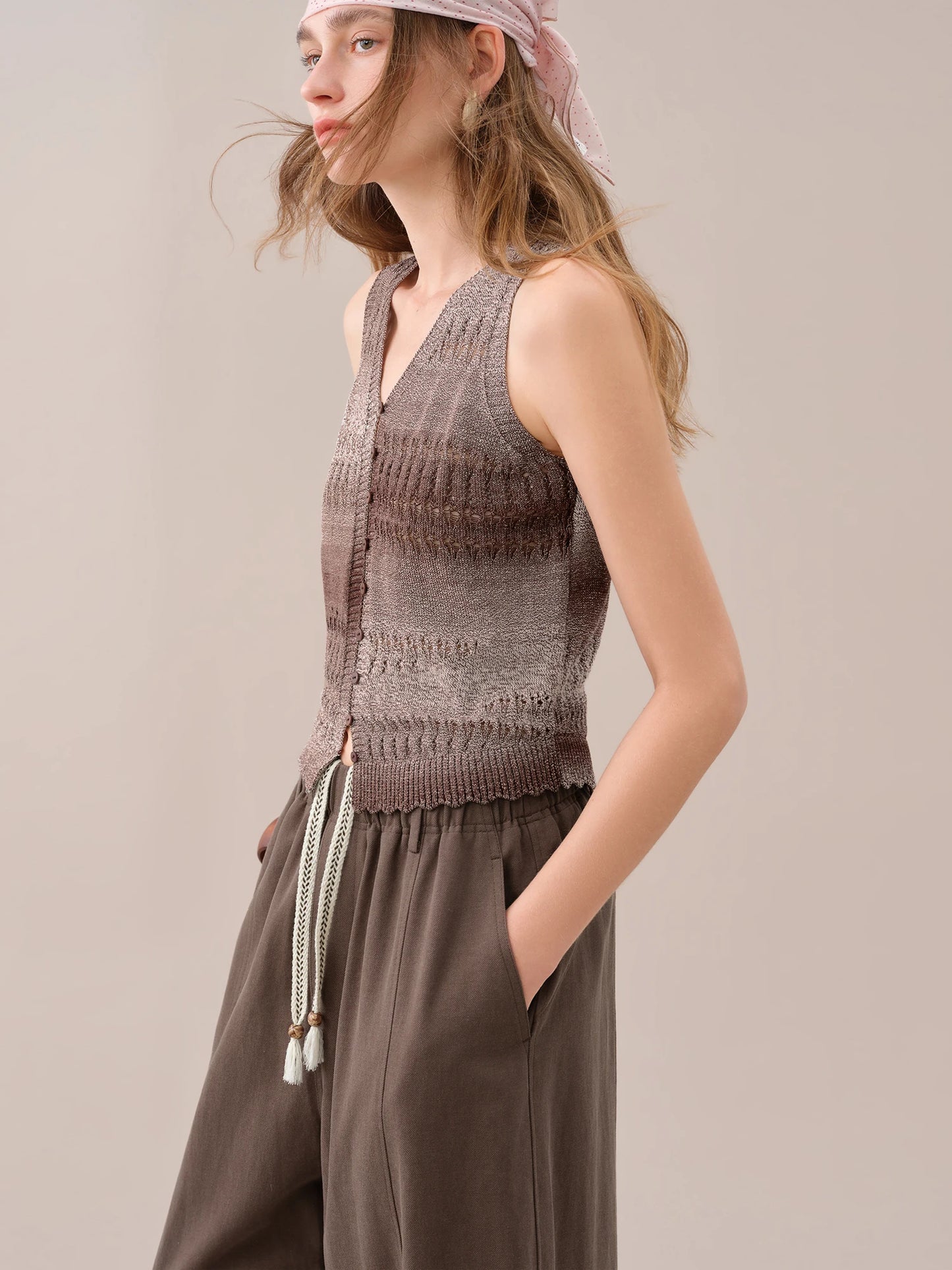 Taupe Open Knit Button Vest