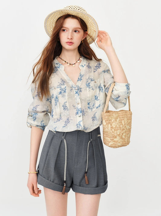 Blue Floral Ruffle Neck Blouse