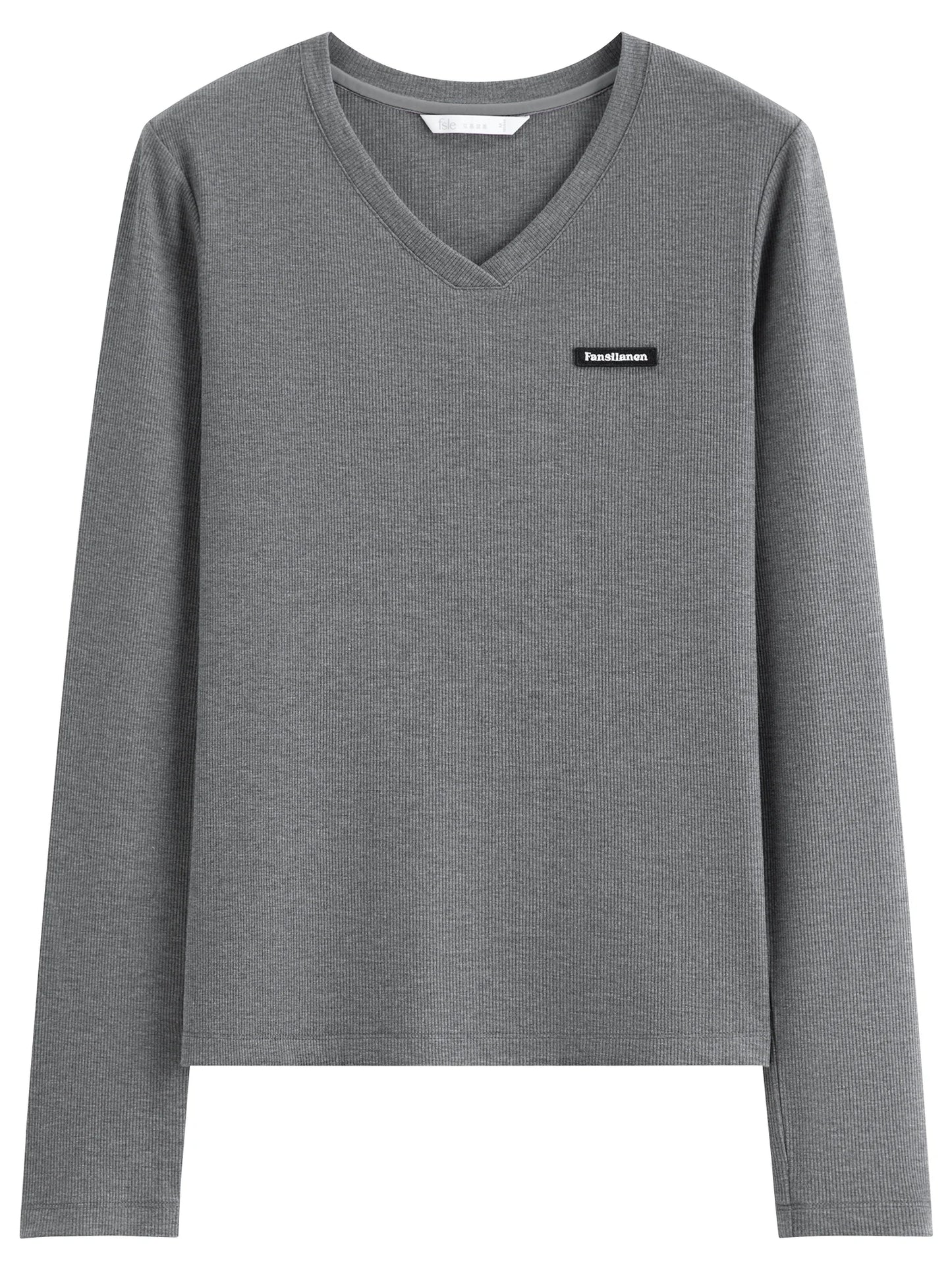 Grey V Neck Embroidered Long Sleeve Tee