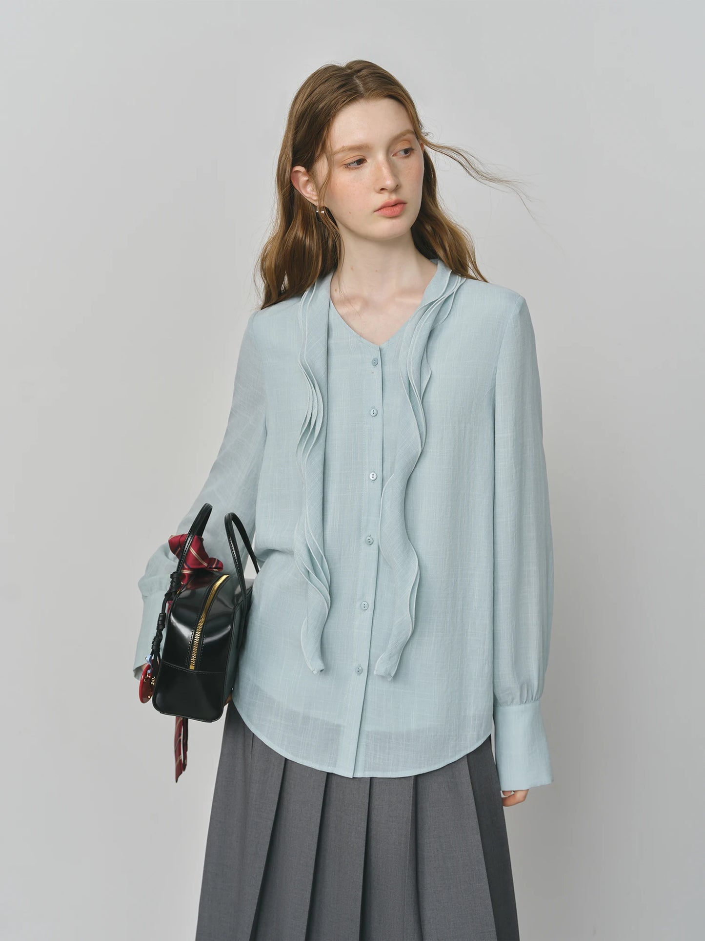 Pale Blue Bow Neck Blouse