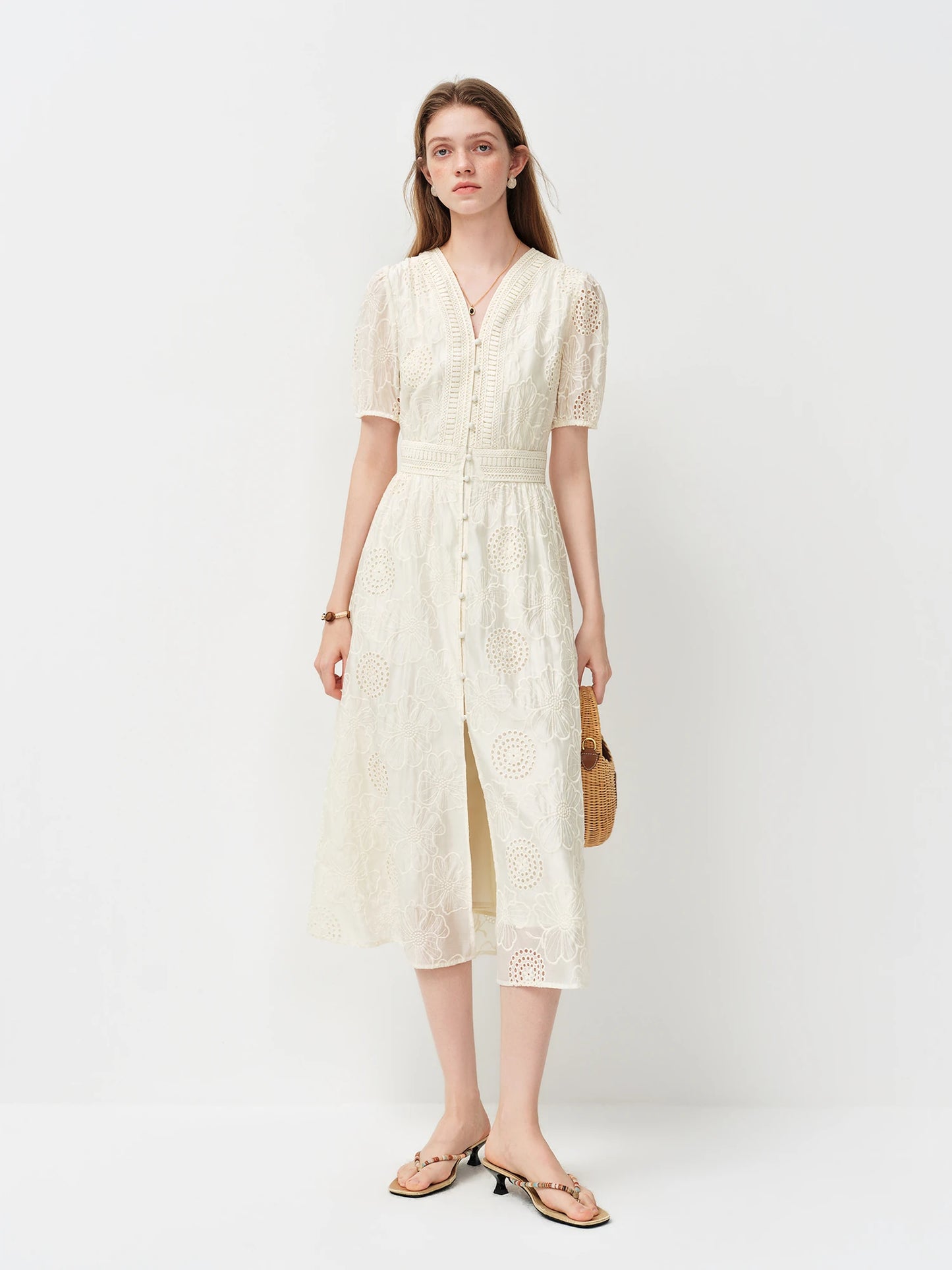 Ivory Eyelet V-Neck Midi Dress