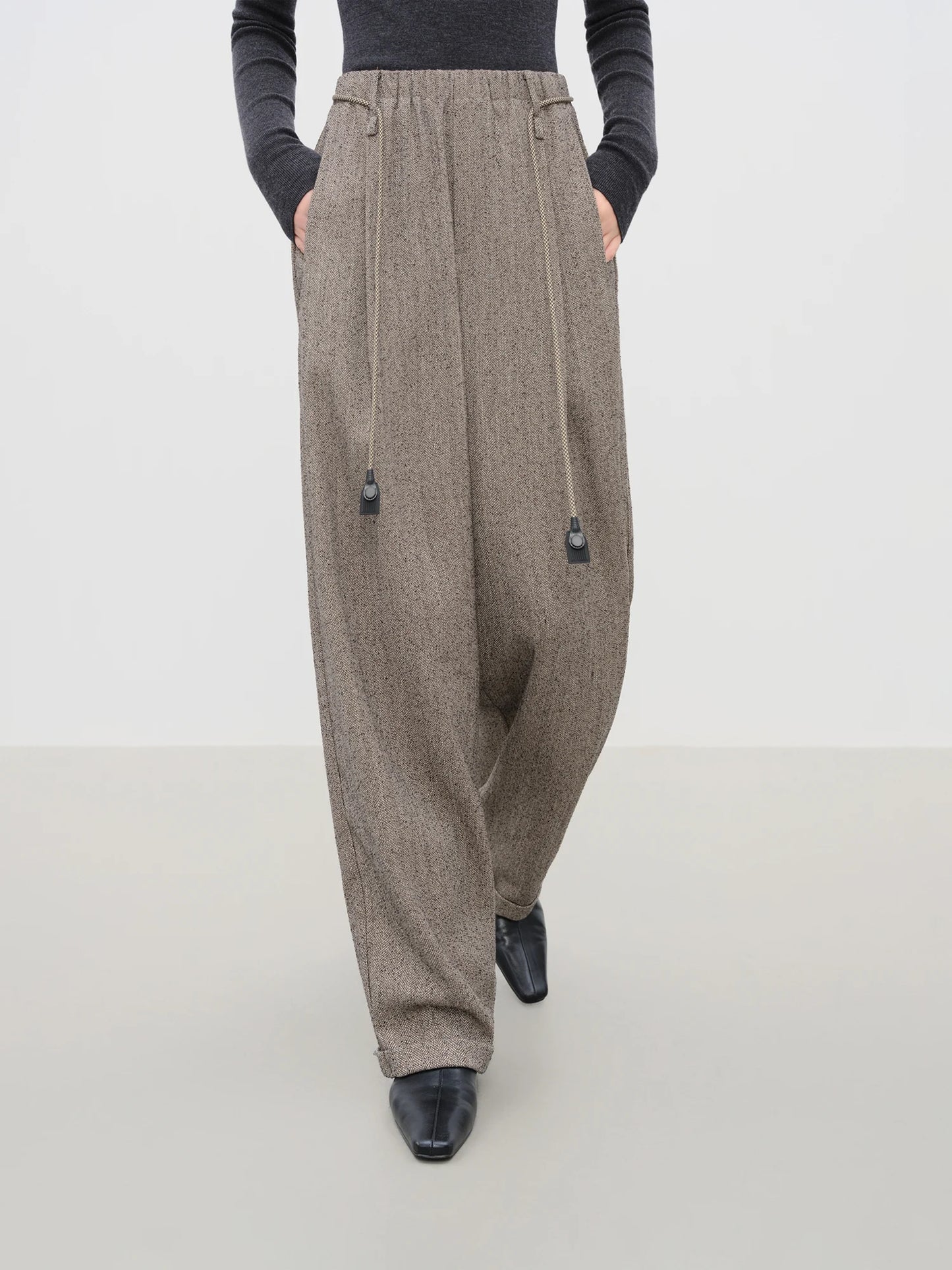 Brown Herringbone Tapered Trousers