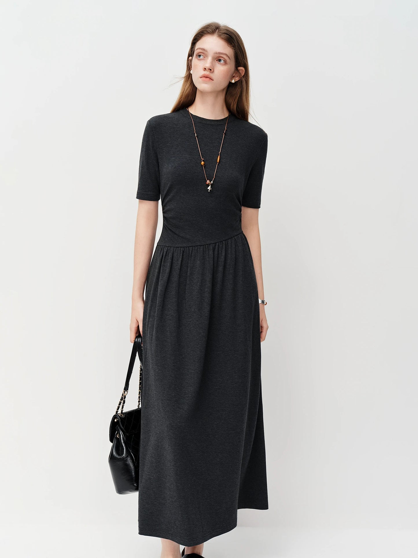 Black Pleated Waist Maxi Dress