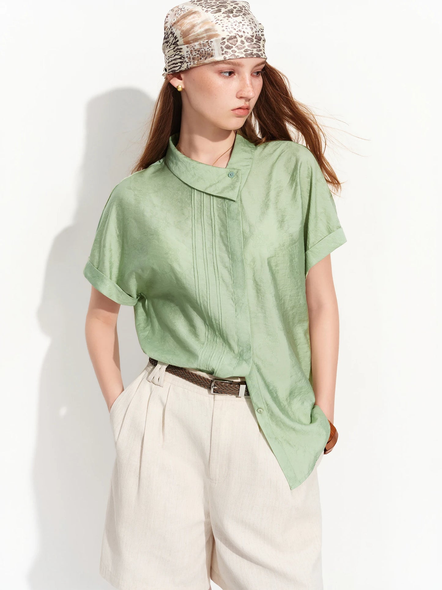 Sage Green Mandarin Collar Blouse
