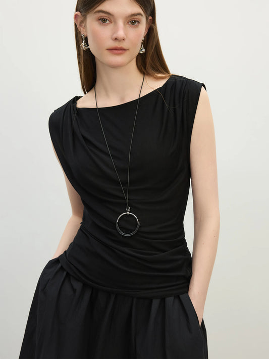 Black Draped Sleeveless Lyocell Top