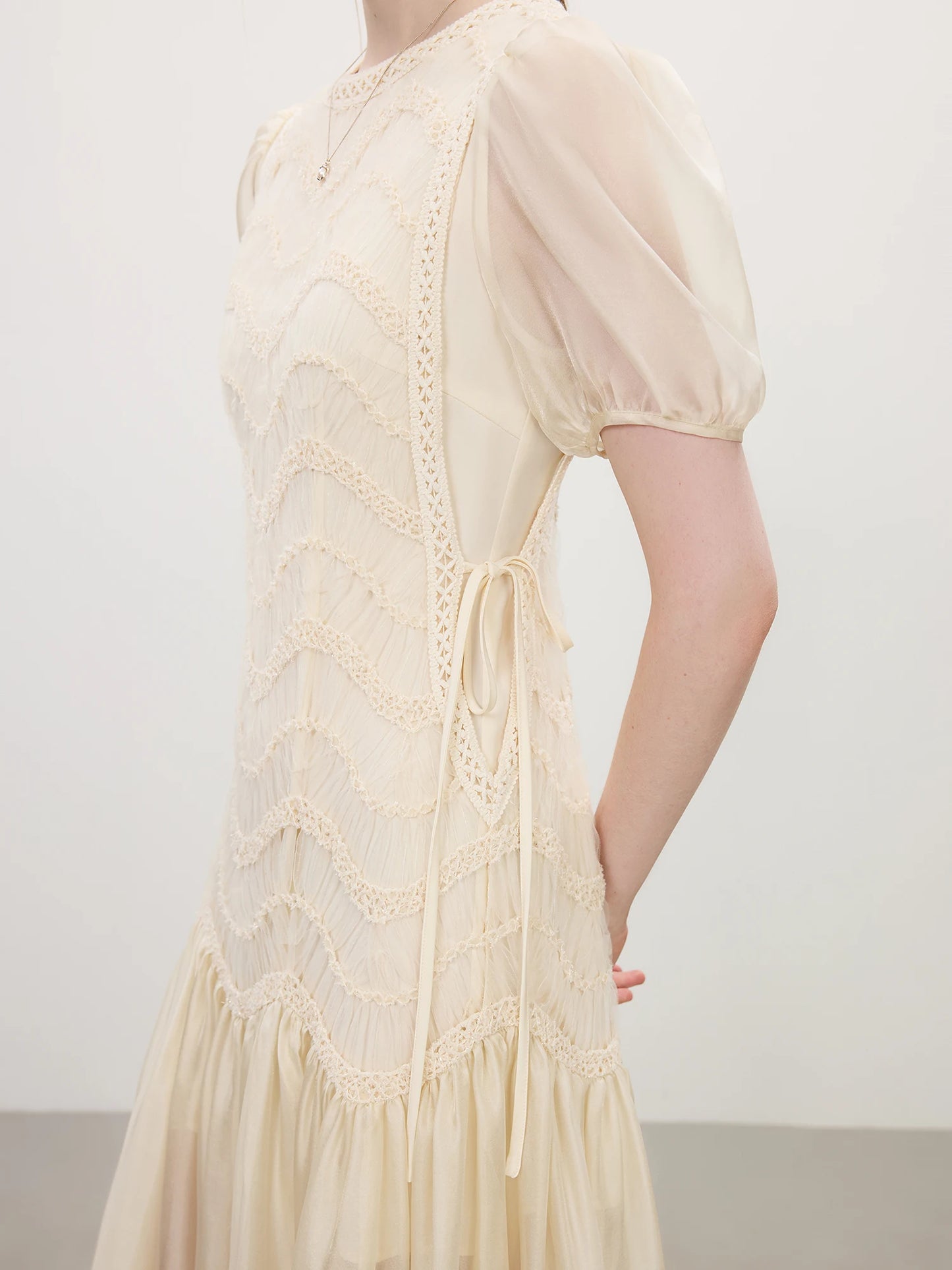 Ivory Embroidered Puff Sleeve Maxi Dress