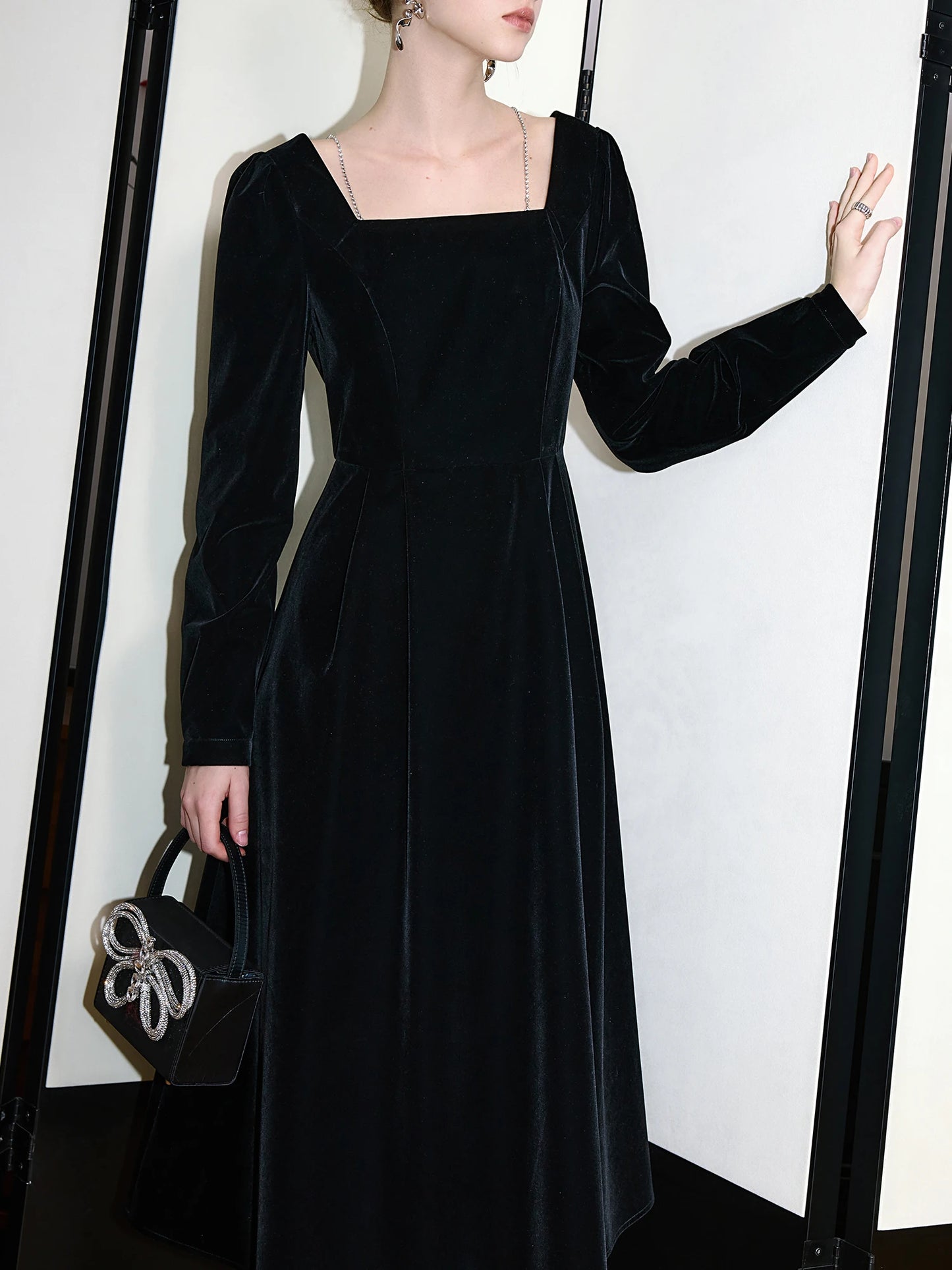 Black Velvet Square Neck Maxi Dress