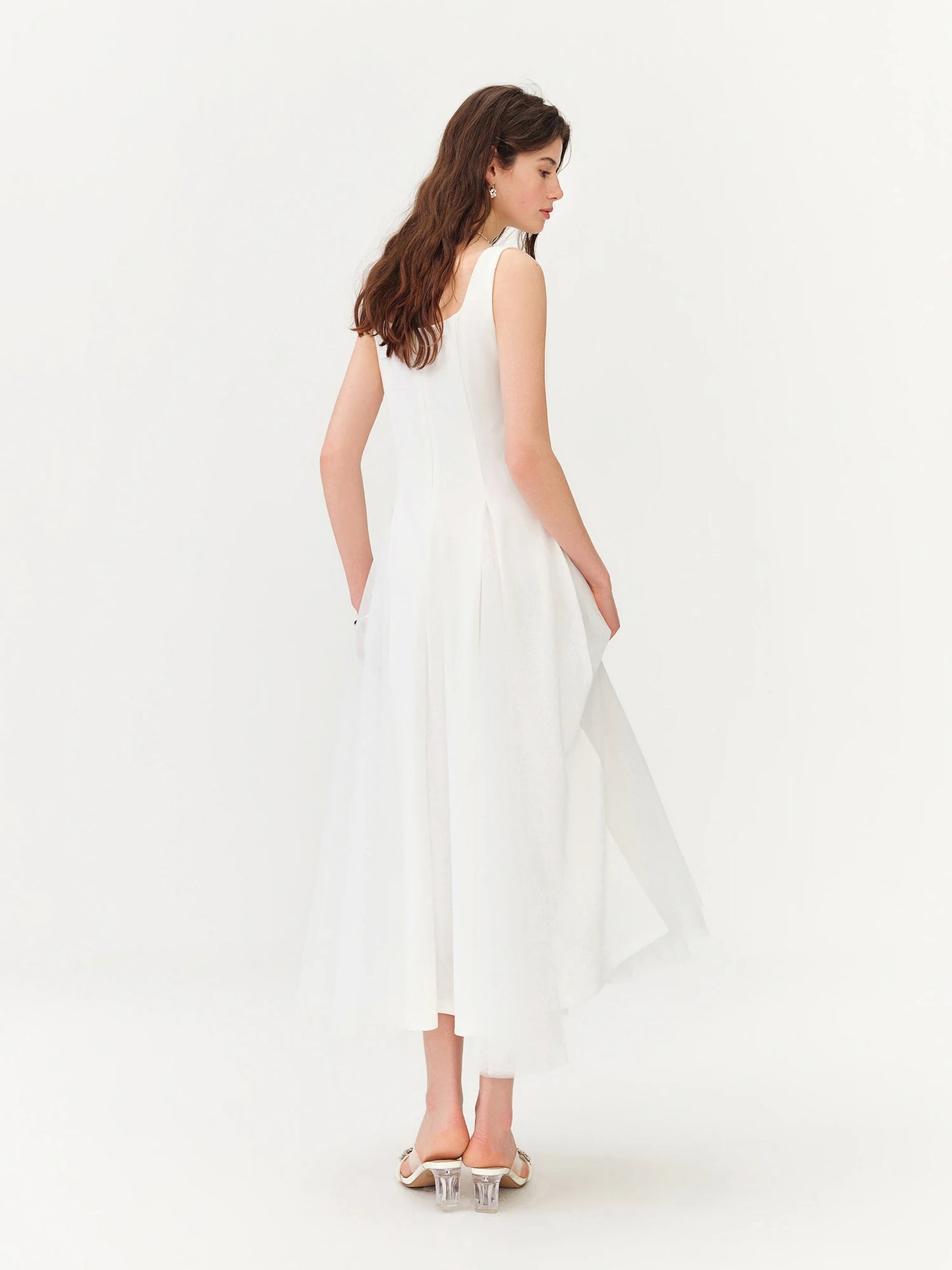 White Tulle Square Neck Maxi Dress
