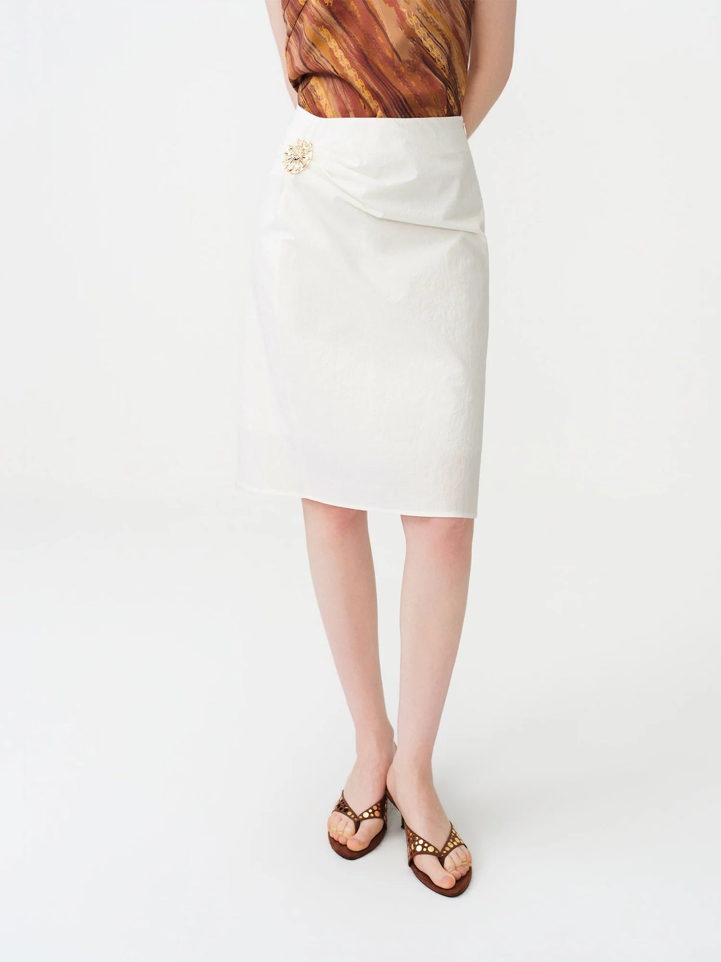 Ivory Brooch Straight Midi Skirt