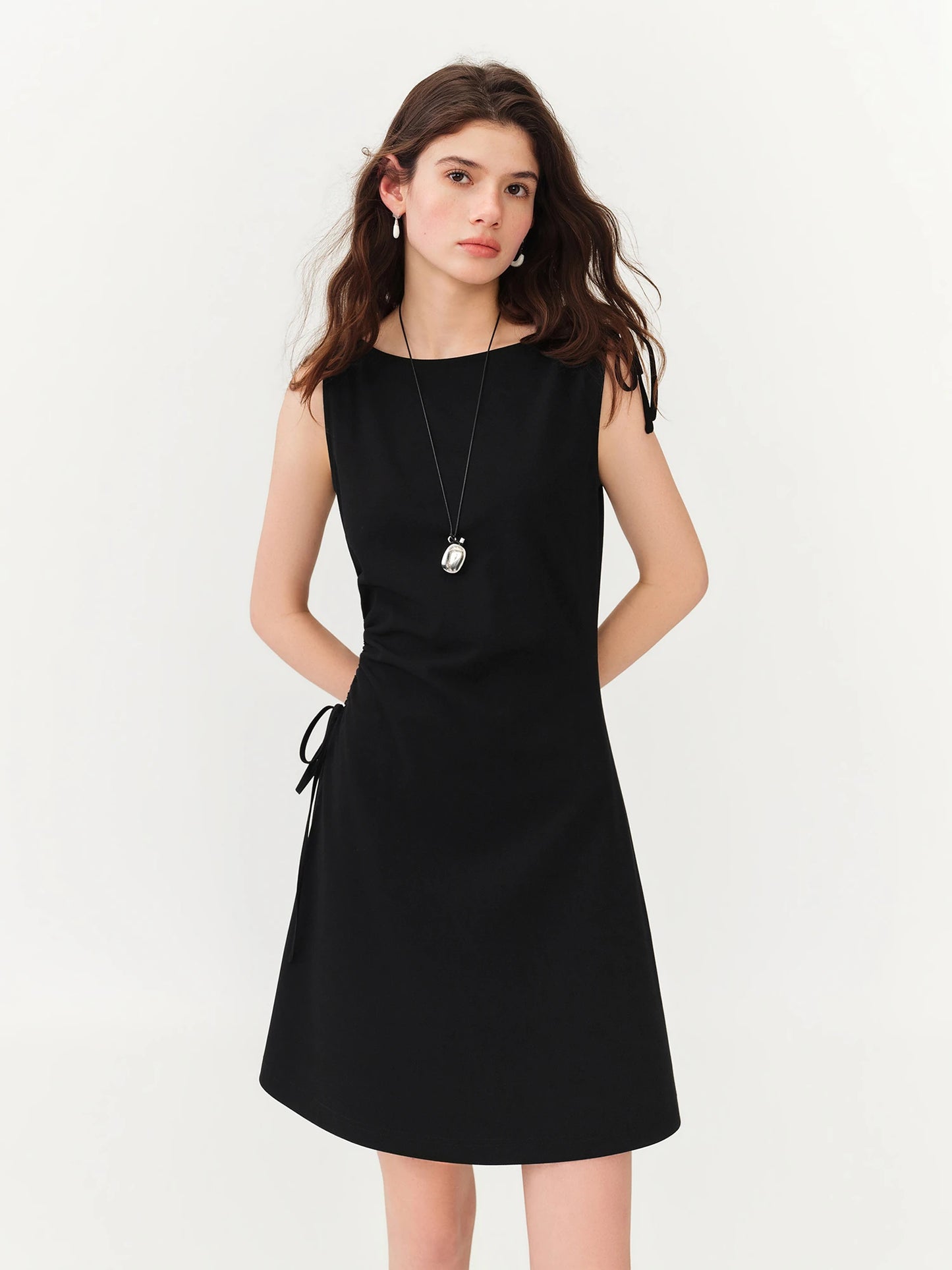 Black Drawstring Sleeveless Mini Dress