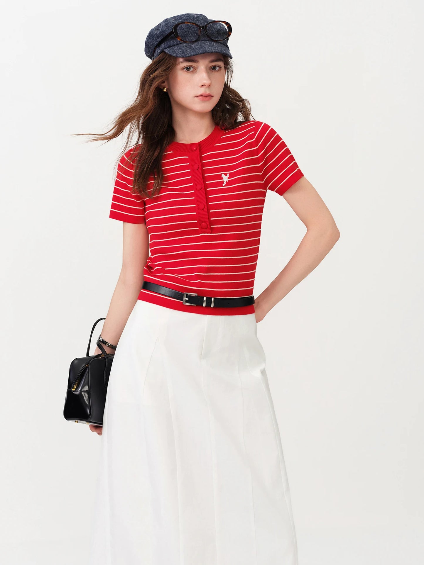 Red Striped Tie Neck Polo Top