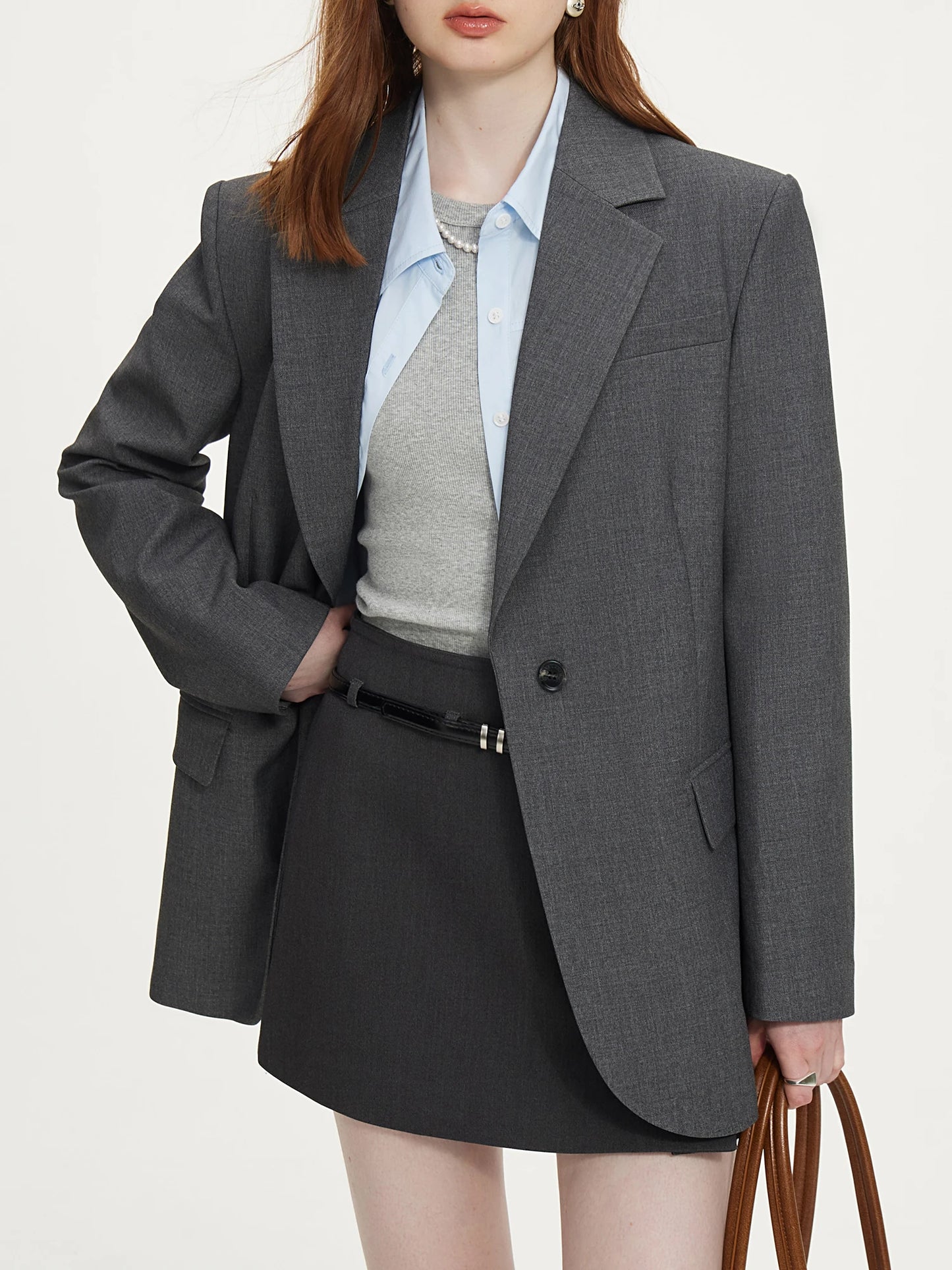 Charcoal Single Button Oversized Blazer