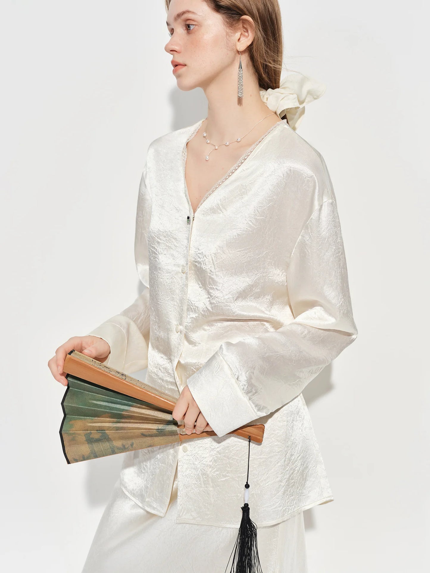 Blush Satin Bow Neck Blouse