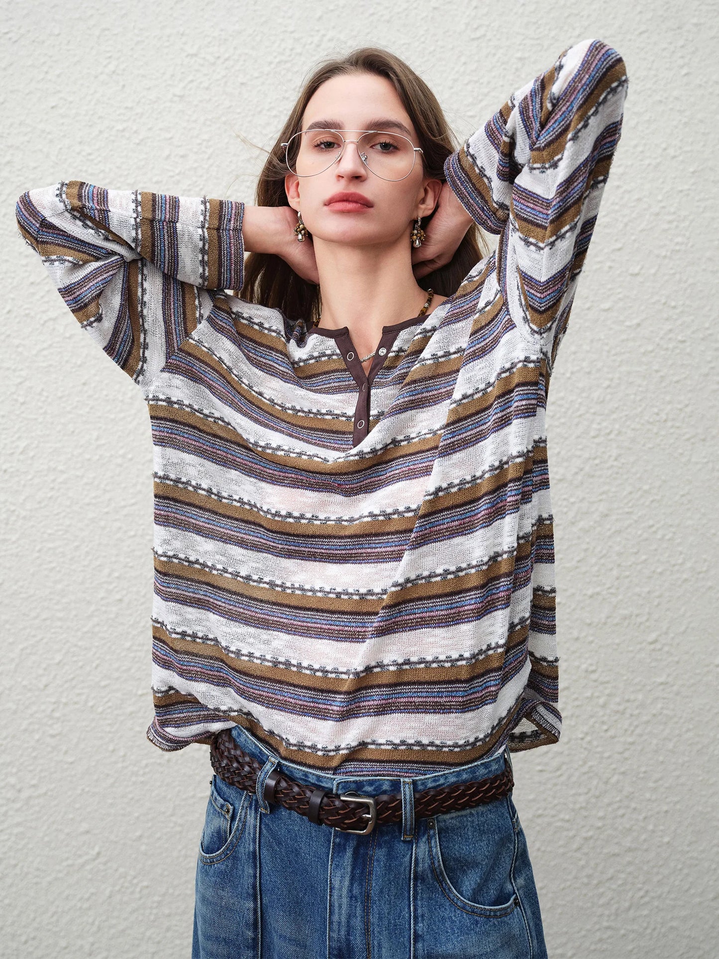 Striped Textured V Neck Pullover