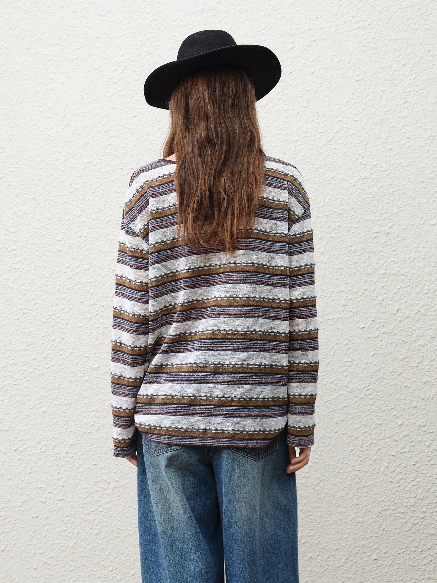 Striped Textured V Neck Pullover