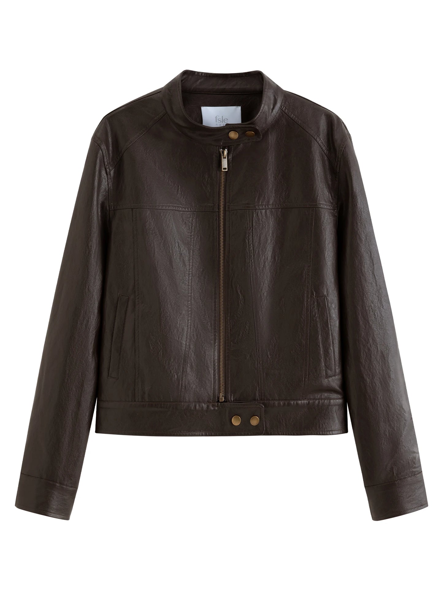 Dark Brown Stand Collar Leather Jacket