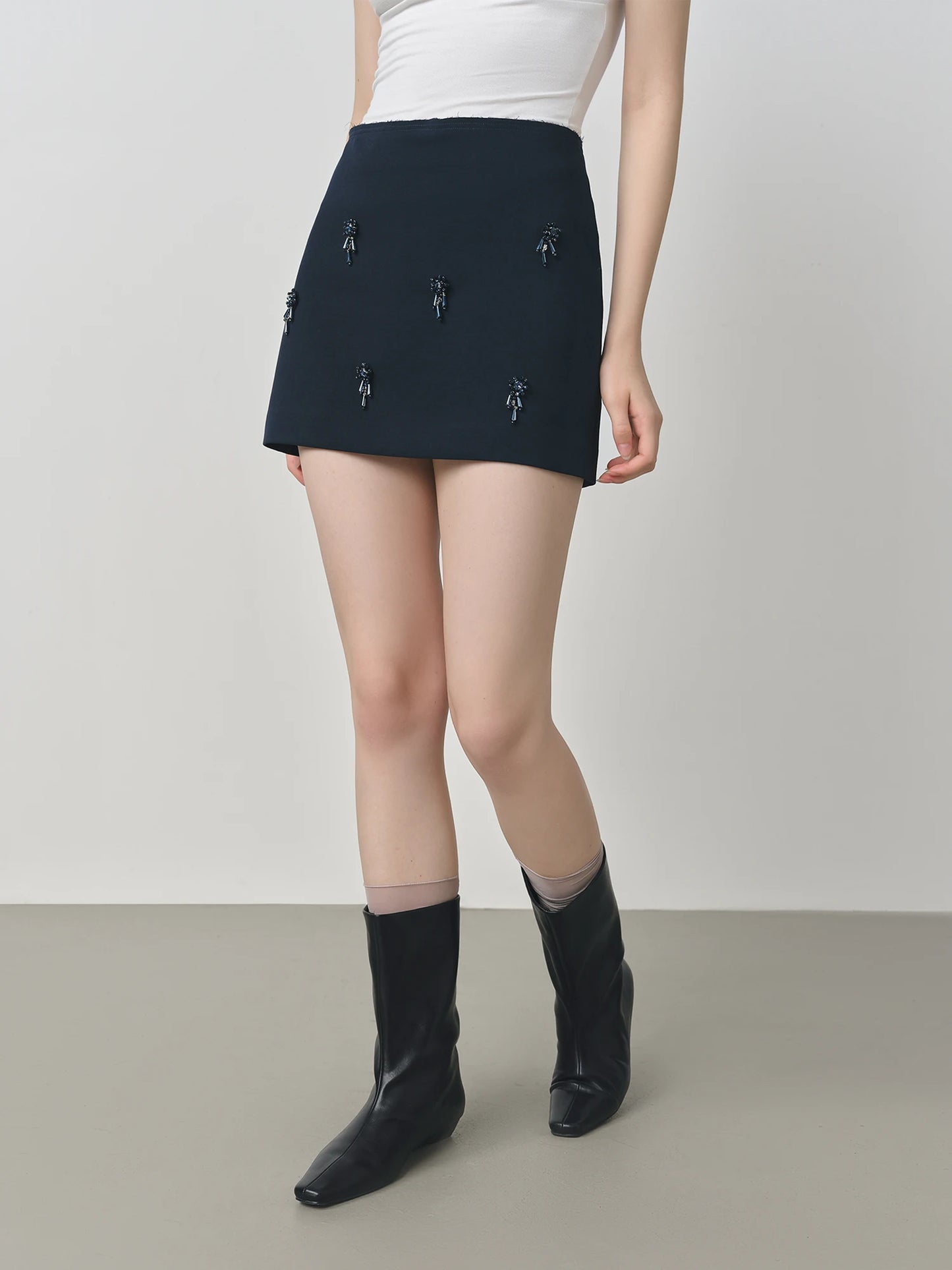 Navy Beaded A-Line Mini Skirt