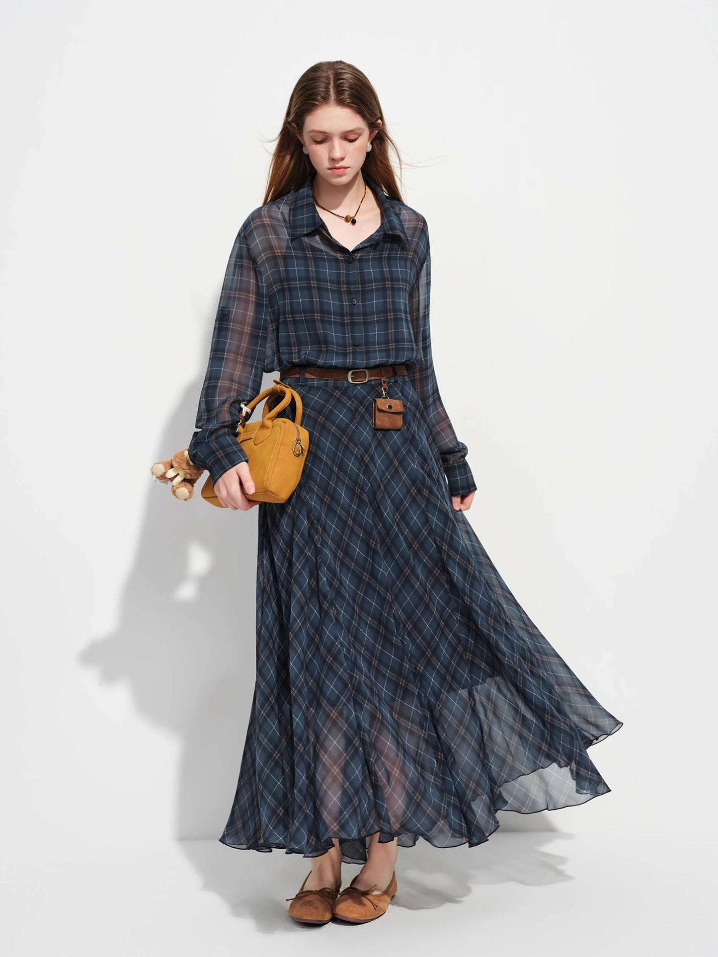 Navy Plaid Belted Shirt Maxi Dress