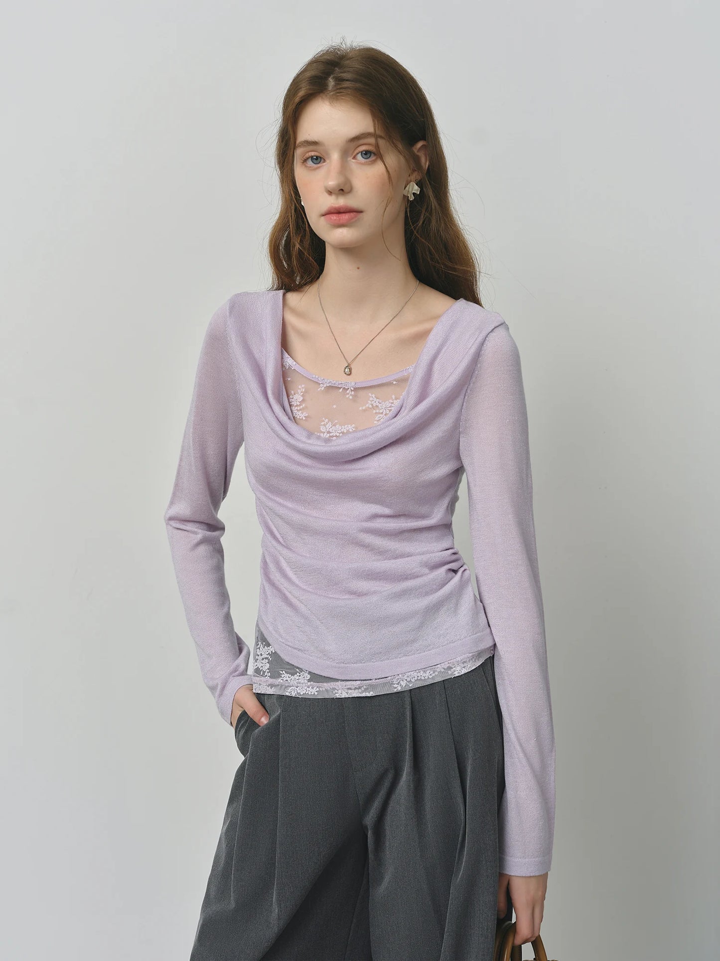 Lilac Draped Collar Knit Top