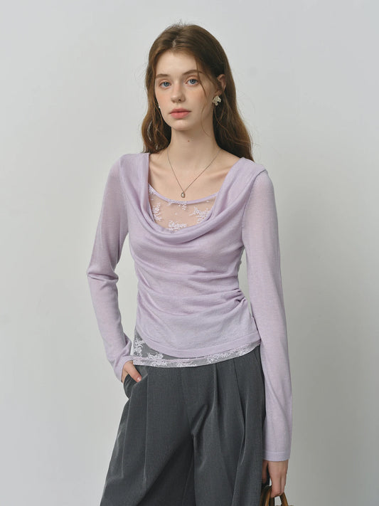 Lilac Draped Collar Knit Top