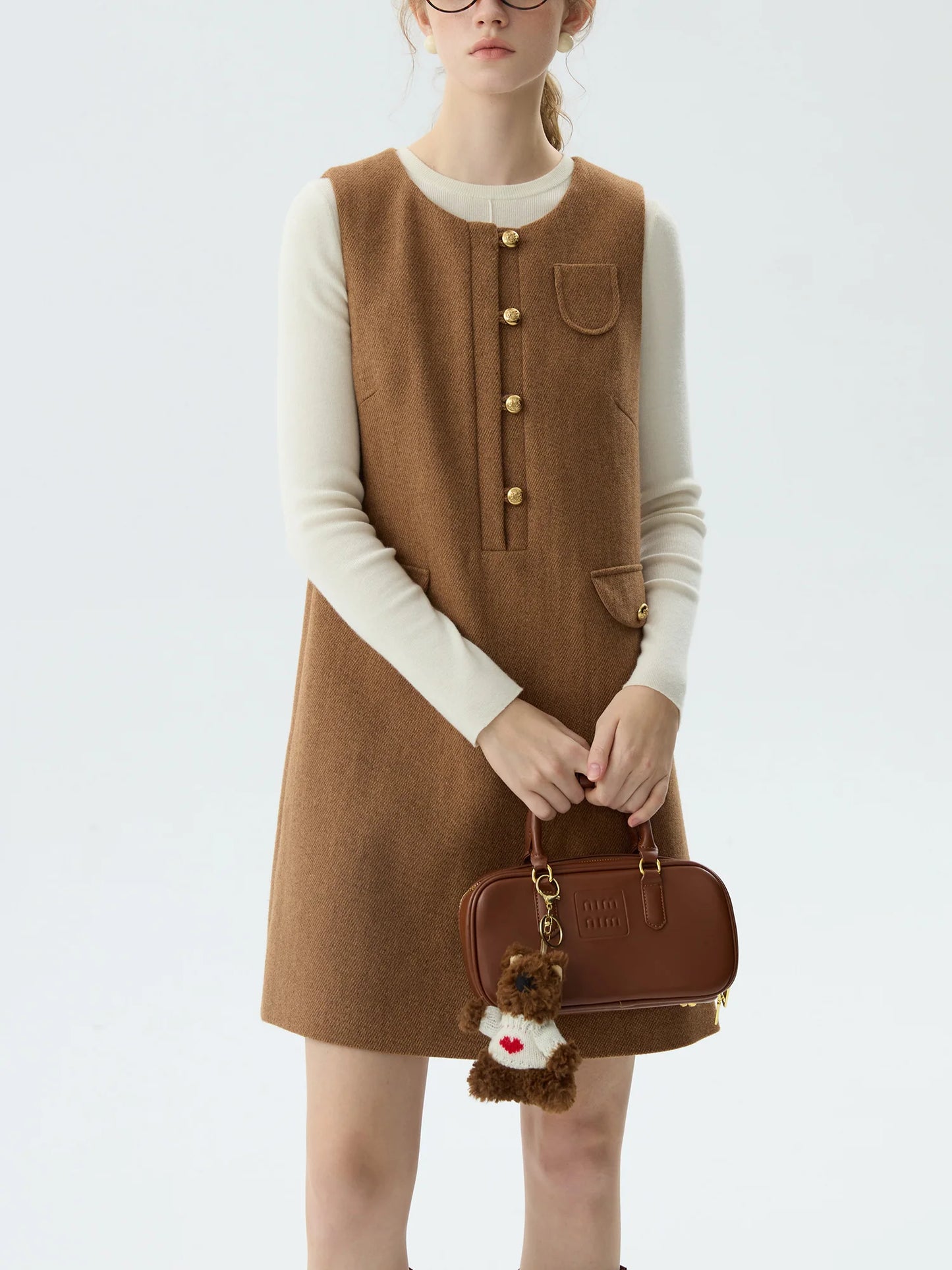 Camel Wool Button Mini Dress