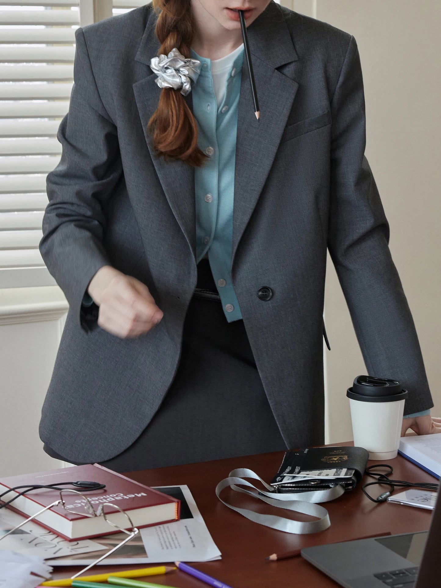 Charcoal Single Button Oversized Blazer