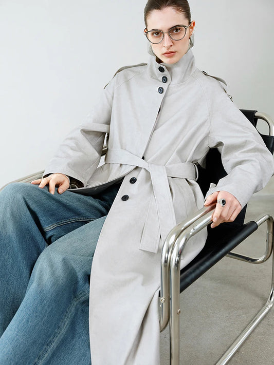Pale Grey High Collar Belted Trench