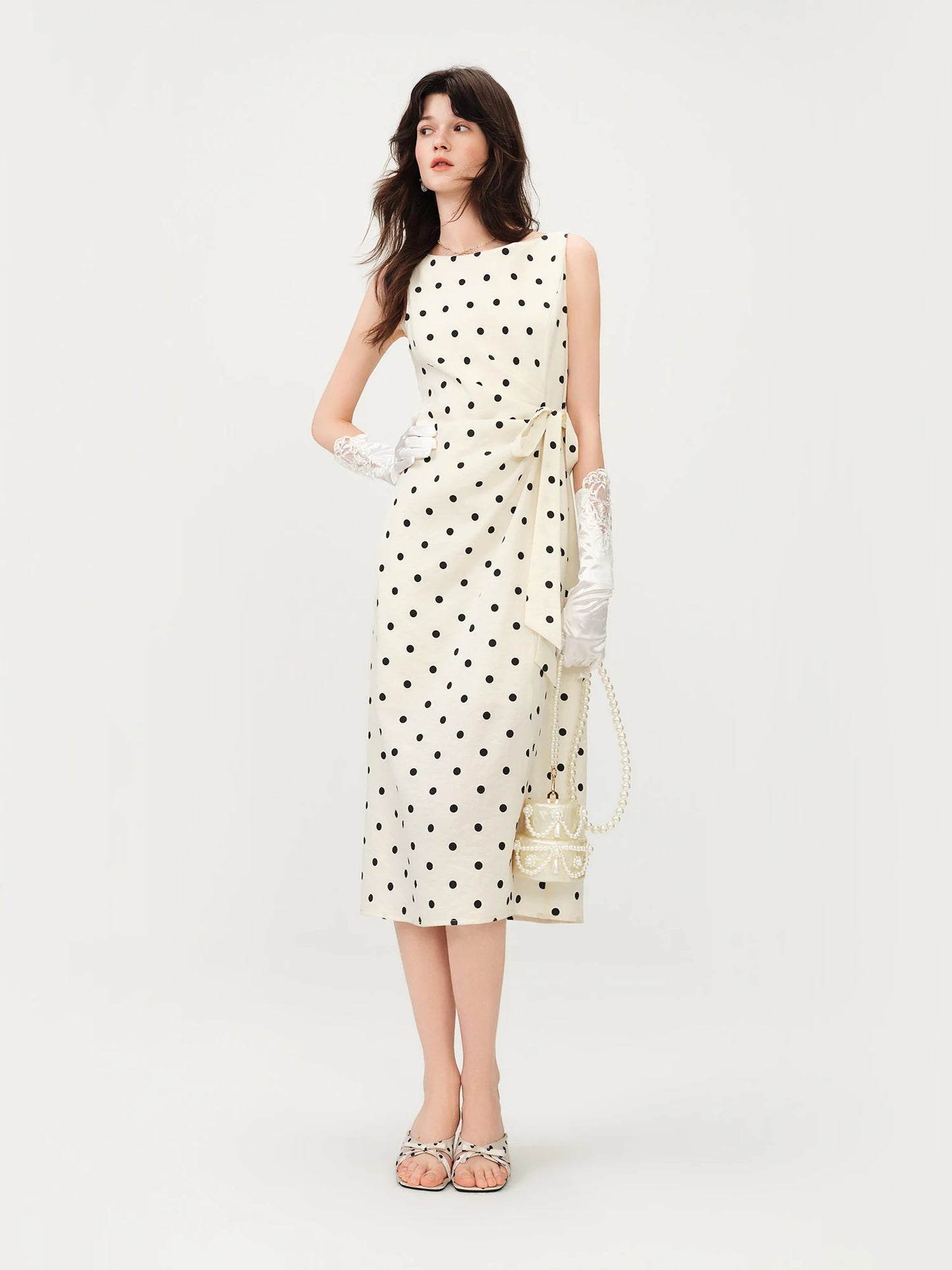 Ivory Polka Dot Belted Midi Dress
