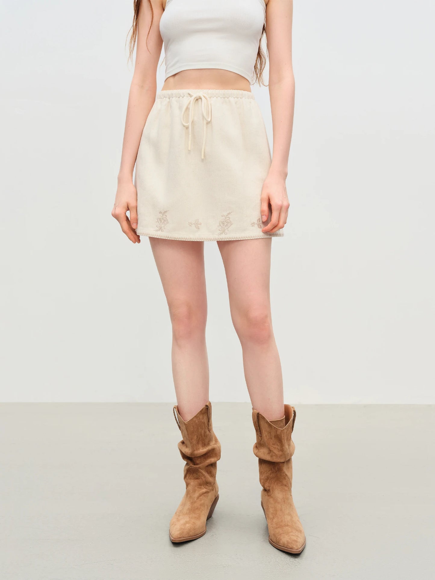 Ivory Embroidered Drawstring Mini Skirt