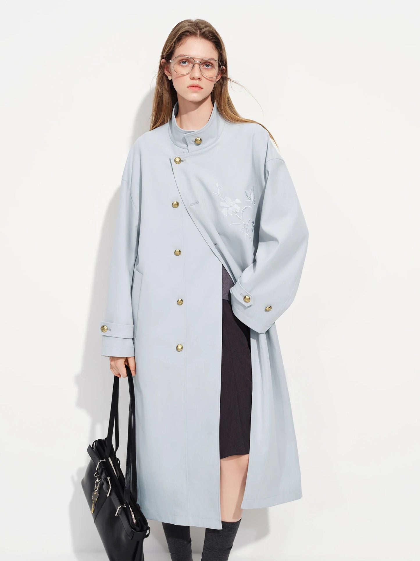 Ivory Embroidered Stand Collar Trench