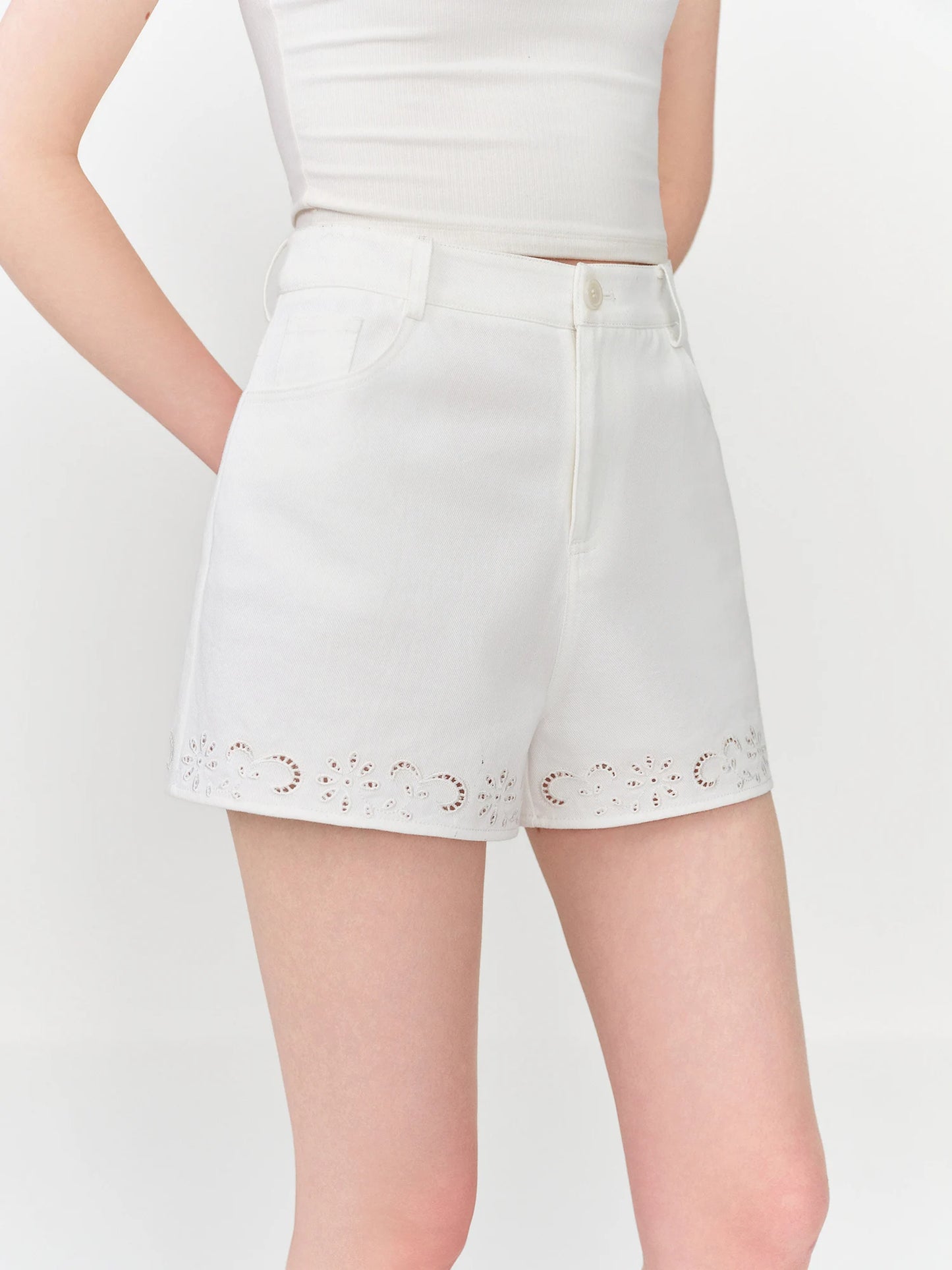 White Eyelet Embroidered Tailored Shorts