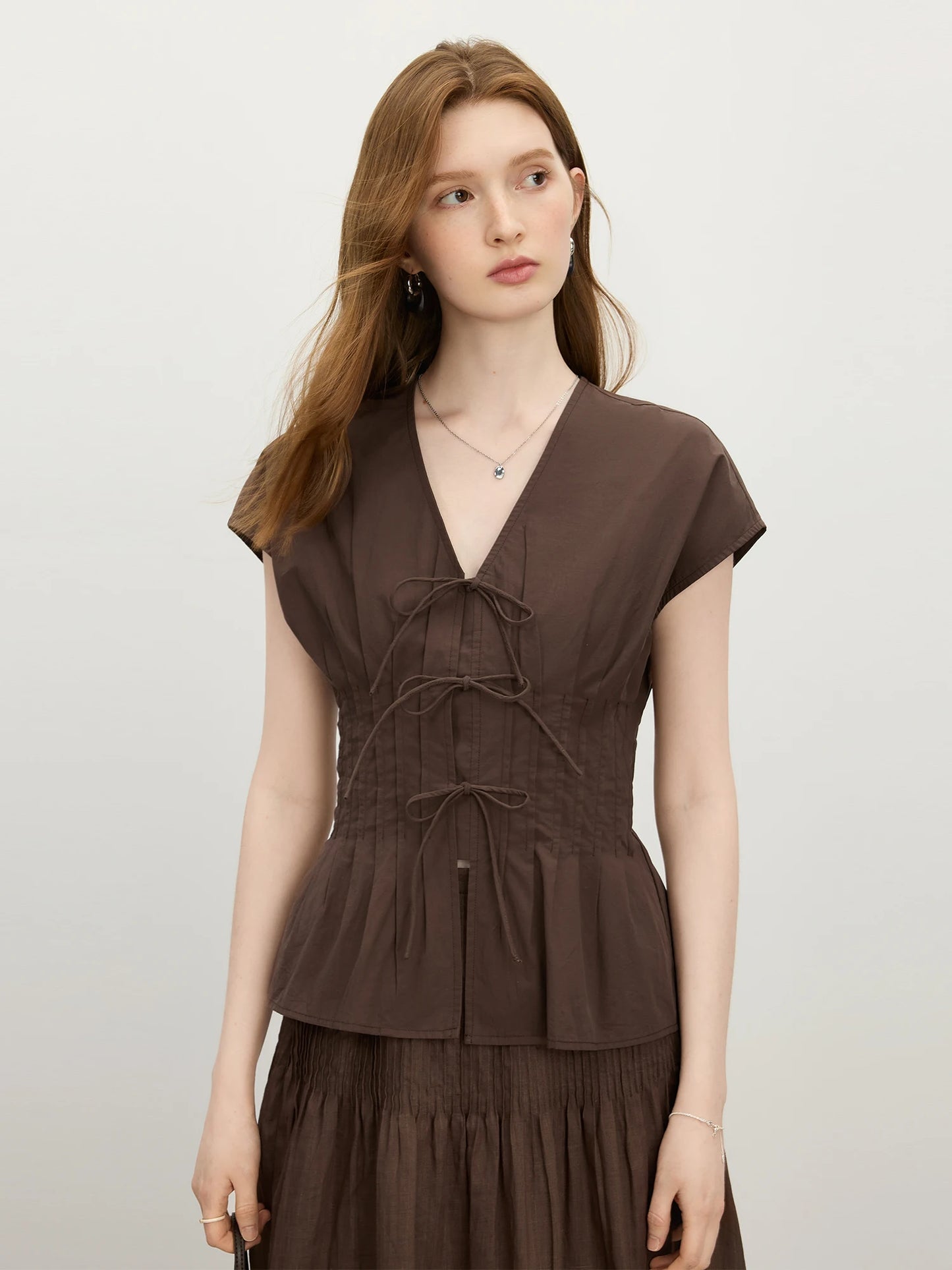 Brown Tie Waist Peplum Blouse