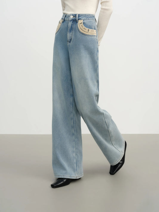 Light Wash Embroidered Wide Leg Jeans