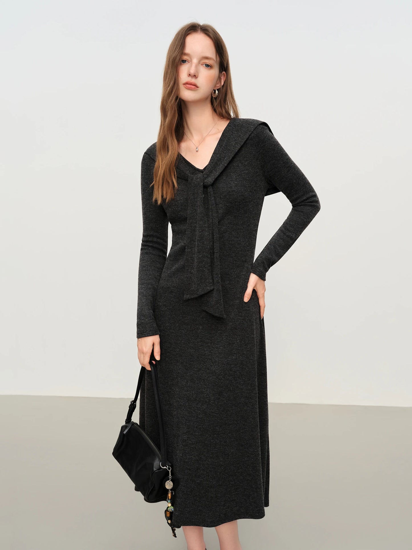 Grey Shawl Collar Knit Maxi Dress