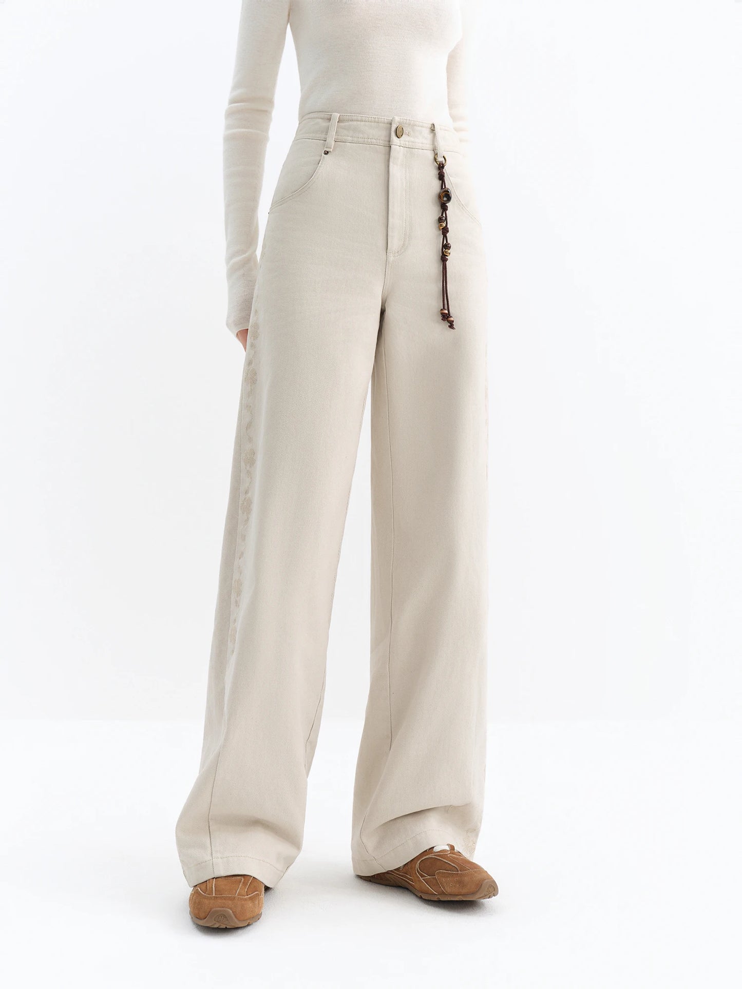 Ivory Beaded Wide Leg Trousers