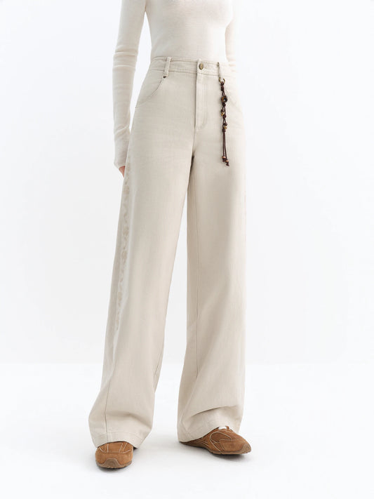 Ivory Beaded Wide Leg Trousers