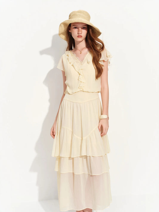 Ivory Tiered Lace Trim Maxi Dress