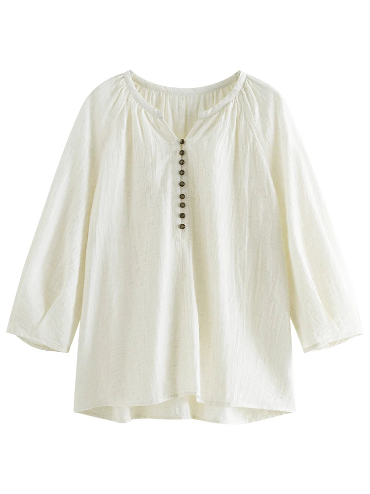 Ivory Button Placket Linen Blouse