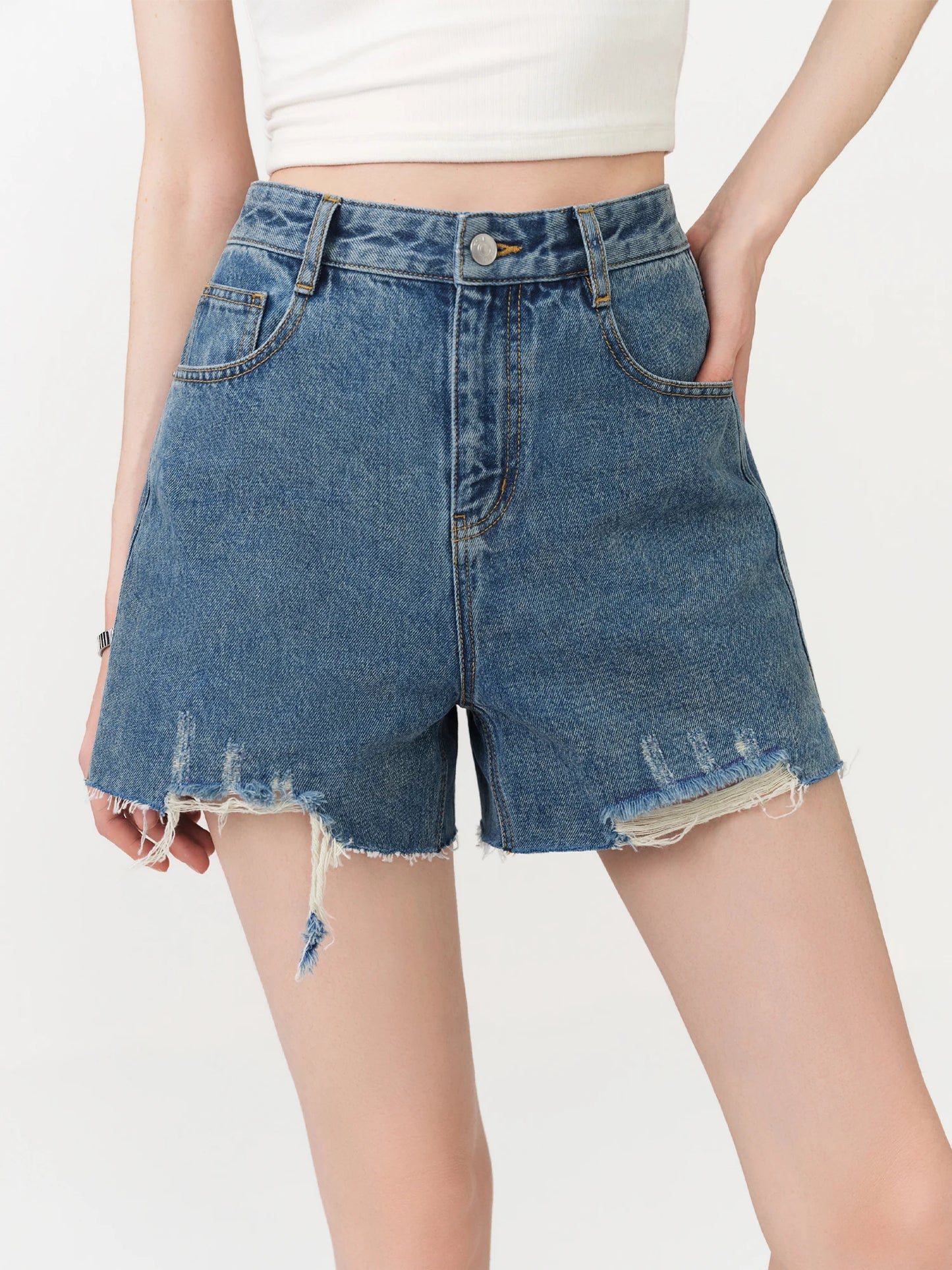 Blue Raw Hem Denim Shorts