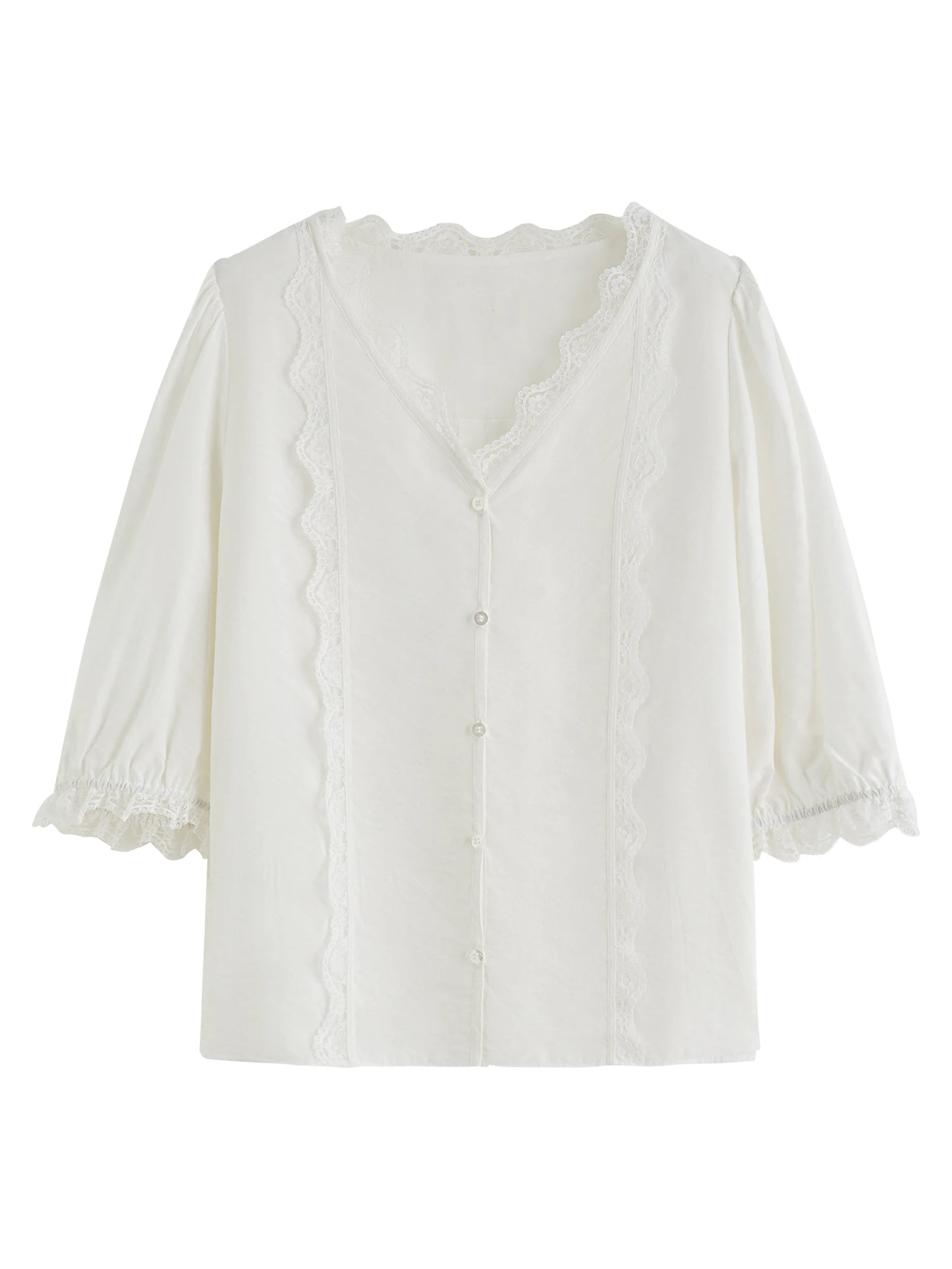 White Lace V Neck Linen Blouse