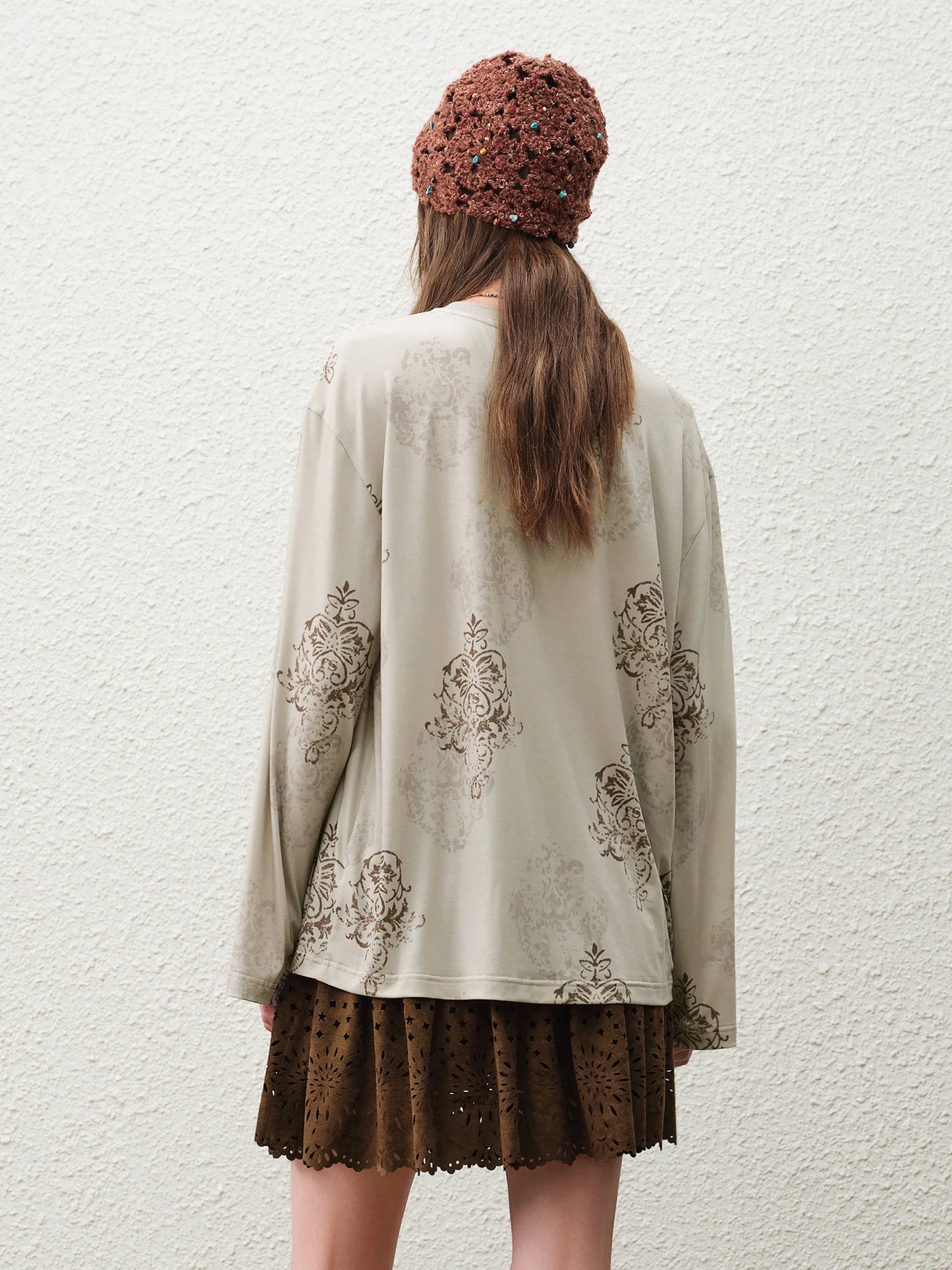 Taupe Jacquard Mandarin Collar Blouse