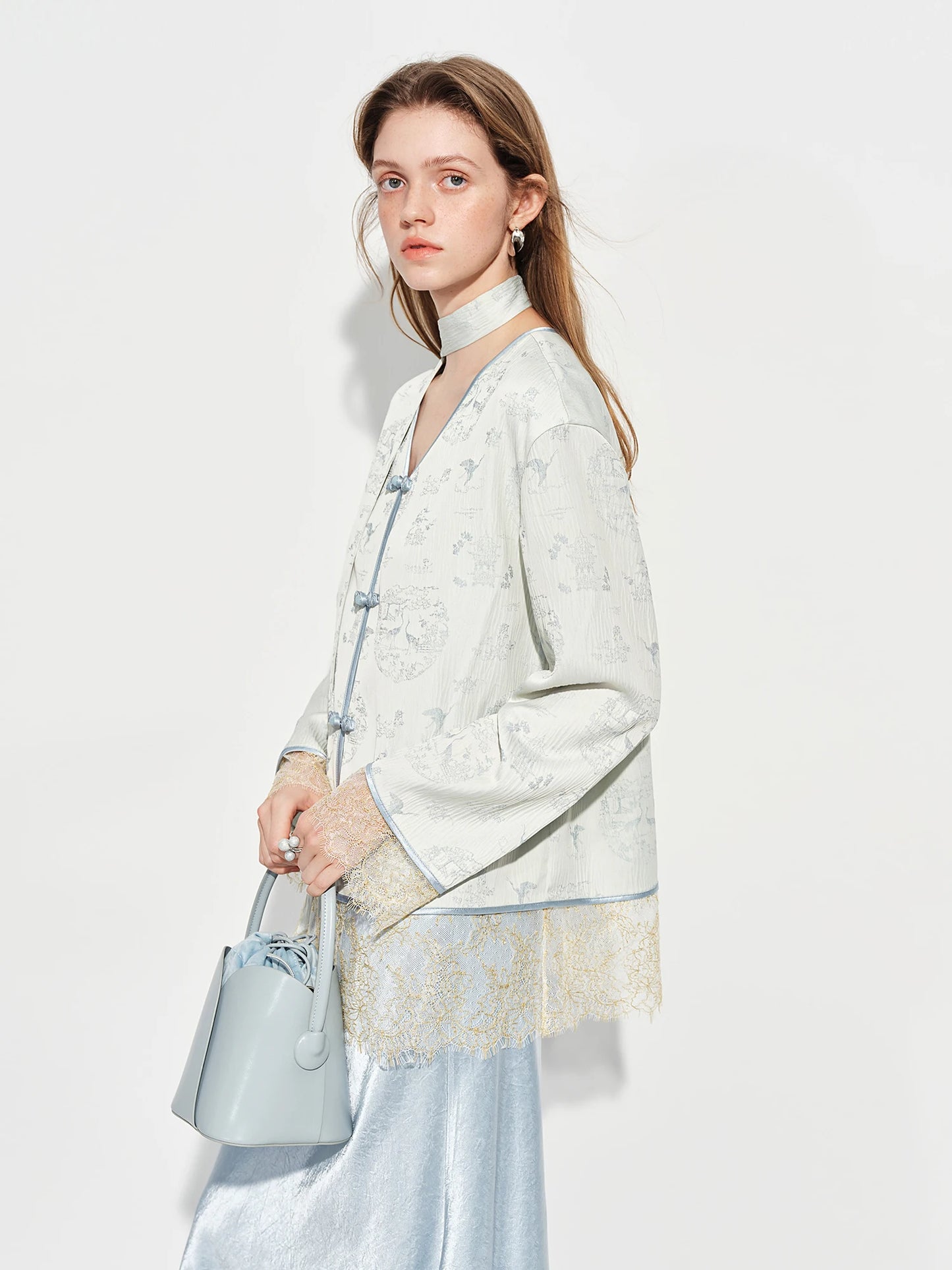 Pale Blue Jacquard Mandarin Collar Blazer