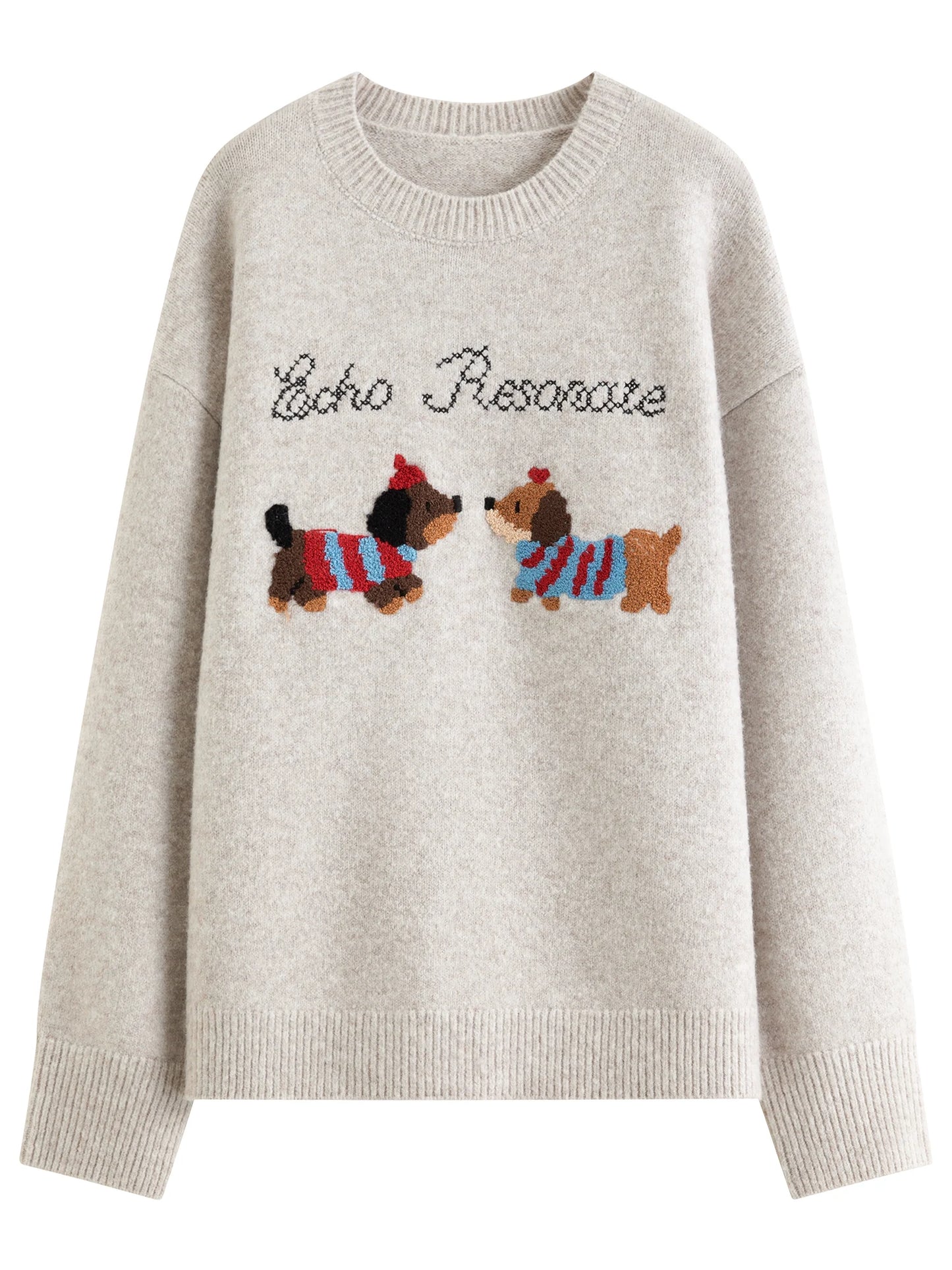 Grey Puppy Embroidered Knit Sweater