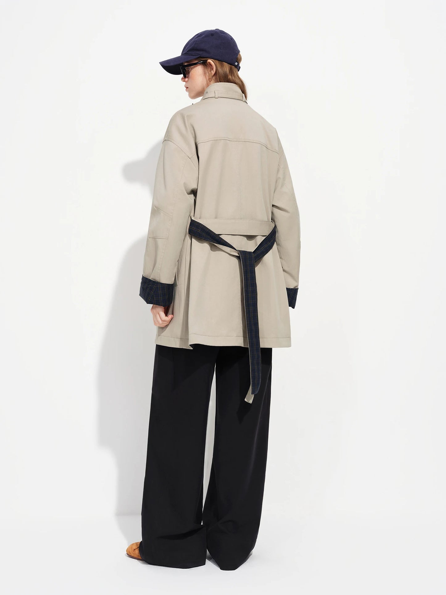 Stone Contrast Cuff Belted Short Trench
