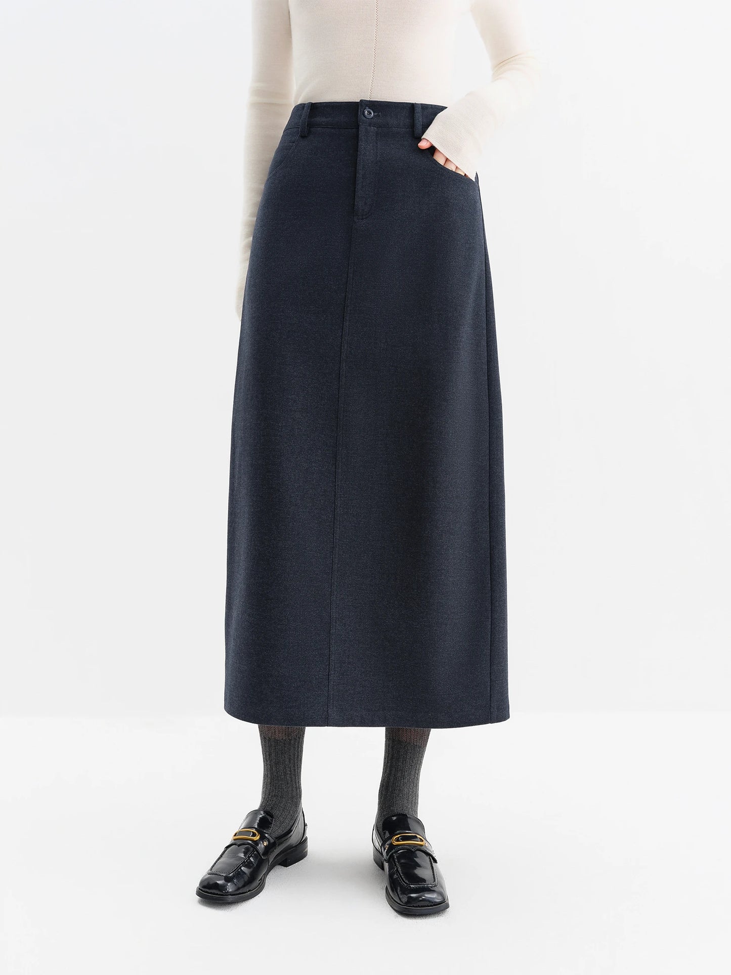 Navy Rivet Denim A-Line Midi Skirt
