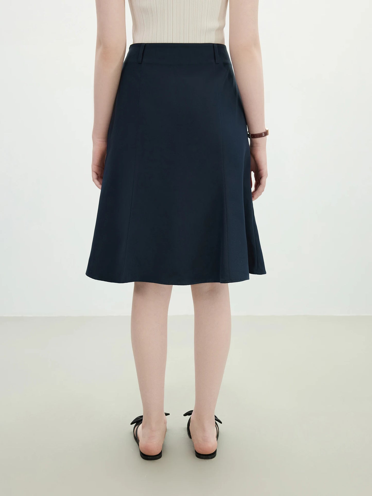 Navy Flared Hem Midi Skirt