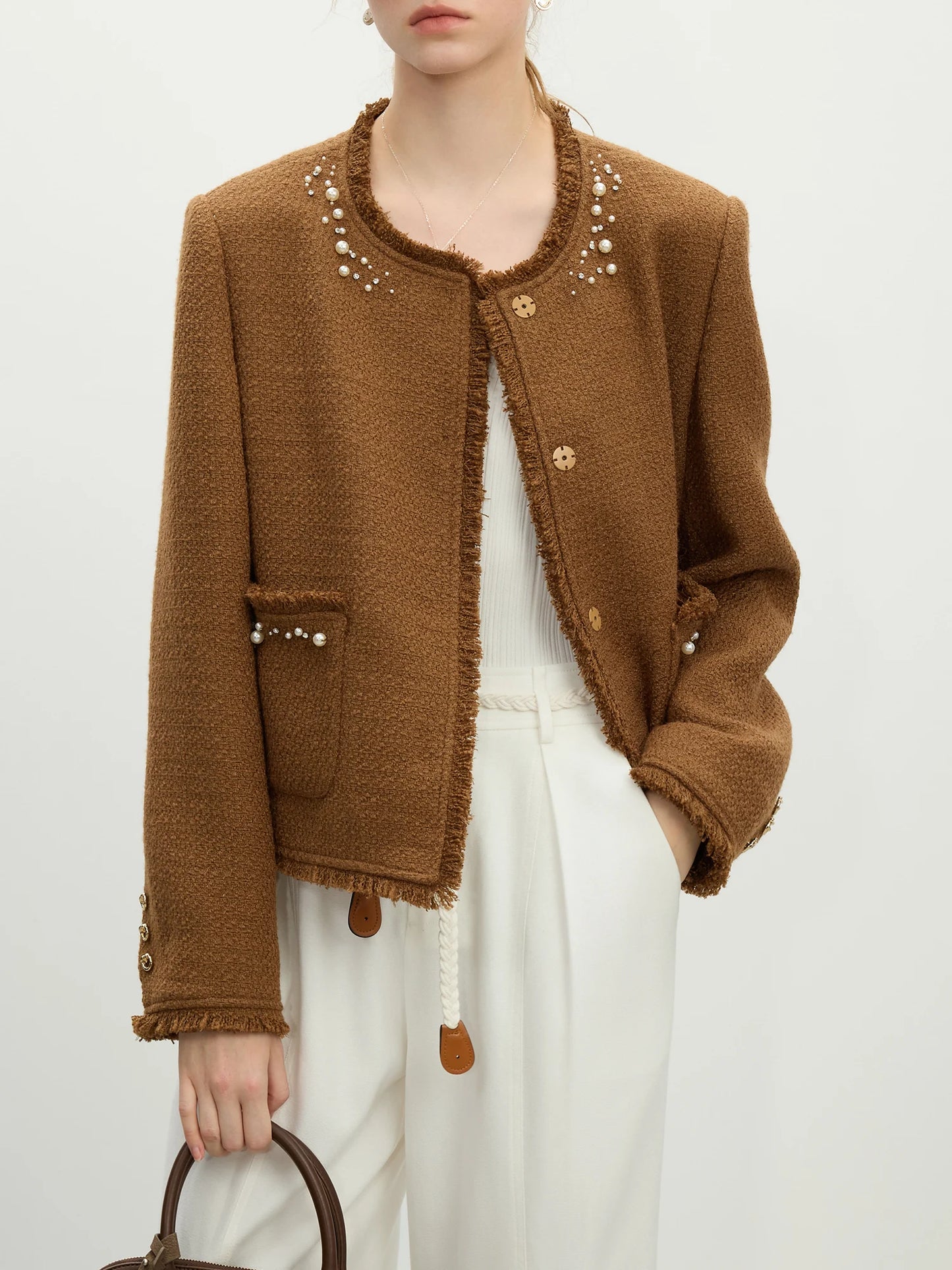 Camel Beaded Tweed Jacket