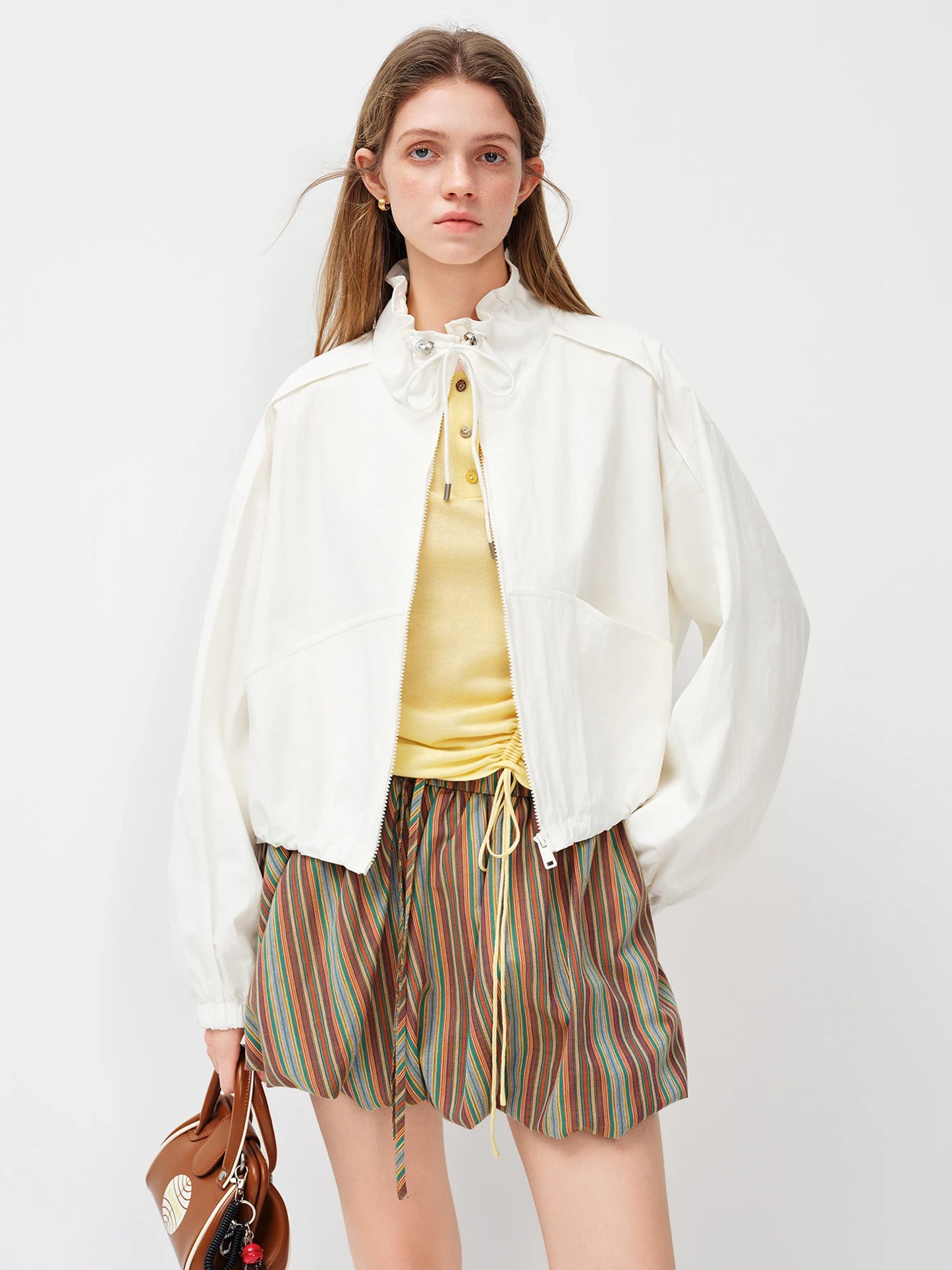 White Stand Collar Utility Jacket