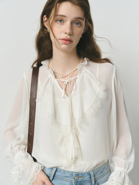 Ivory Bow Neck Lace Cuff Blouse