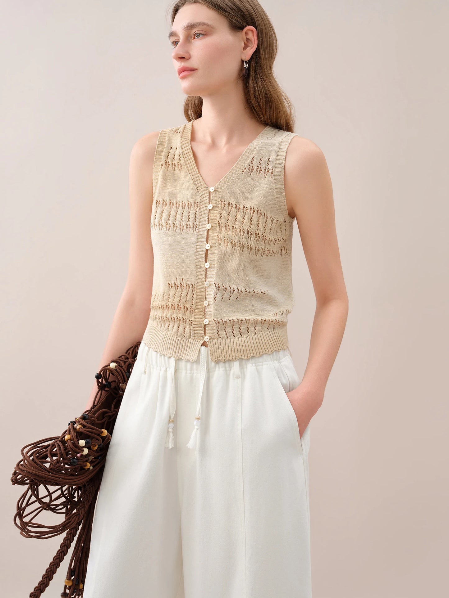 Taupe Open Knit Button Vest